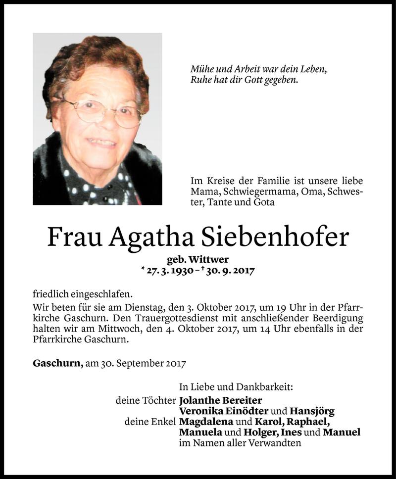  Todesanzeige für Agatha Siebenhofer vom 01.10.2017 aus Vorarlberger Nachrichten