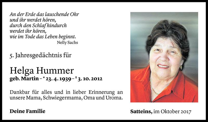  Todesanzeige für Helga Hummer vom 02.10.2017 aus Vorarlberger Nachrichten