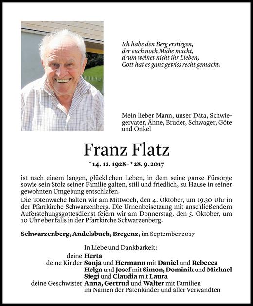 Todesanzeige von Franz Flatz von Vorarlberger Nachrichten
