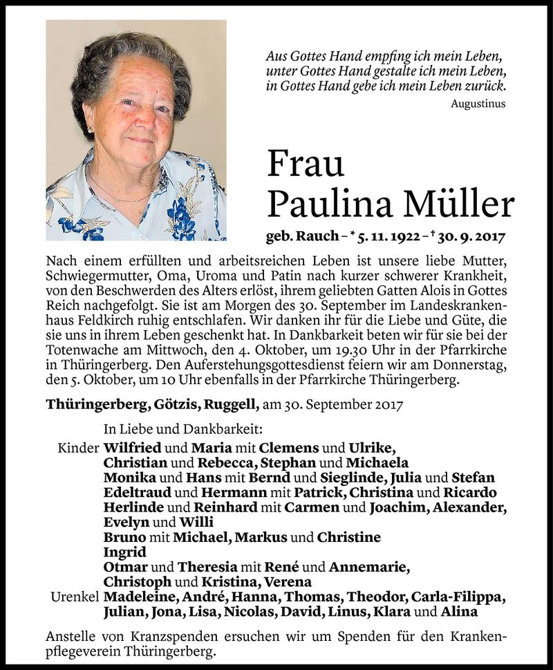  Todesanzeige für Paulina Müller vom 02.10.2017 aus Vorarlberger Nachrichten