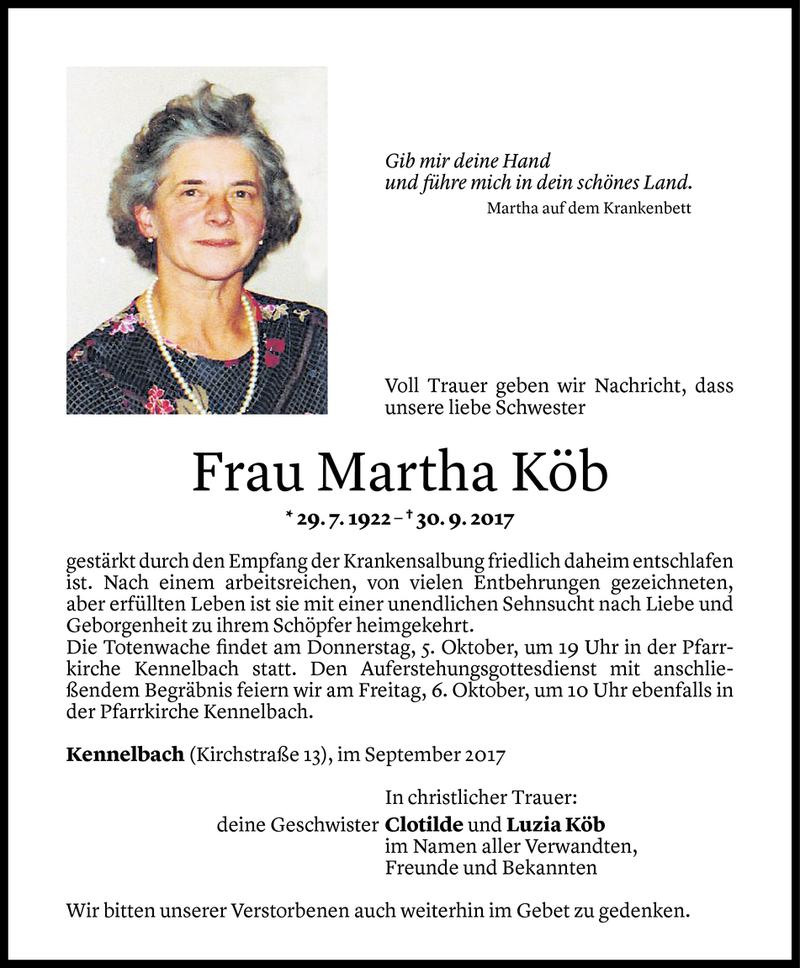  Todesanzeige für Martha Köb vom 02.10.2017 aus Vorarlberger Nachrichten