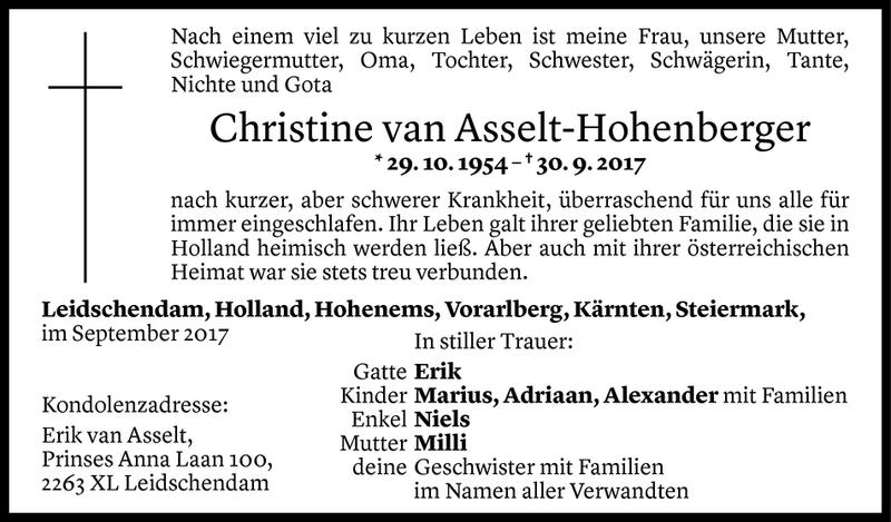  Todesanzeige für Christine van Asselt-Hohenberger vom 03.10.2017 aus Vorarlberger Nachrichten