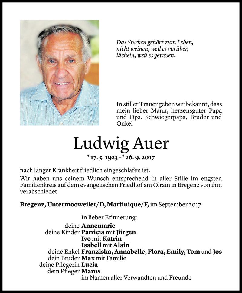  Todesanzeige für Ludwig Auer vom 03.10.2017 aus Vorarlberger Nachrichten