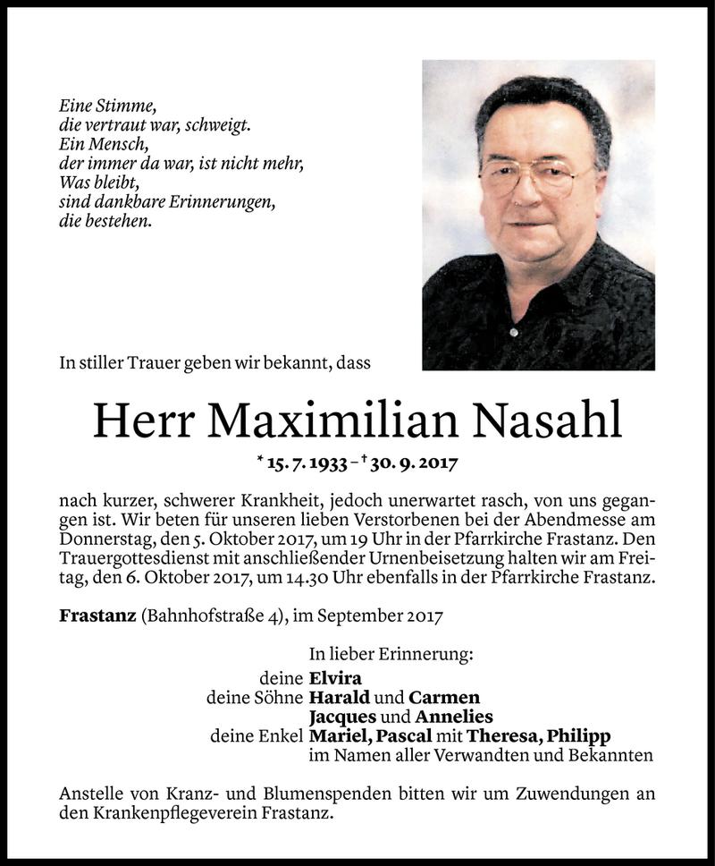  Todesanzeige für Maximilian Nasahl vom 03.10.2017 aus Vorarlberger Nachrichten