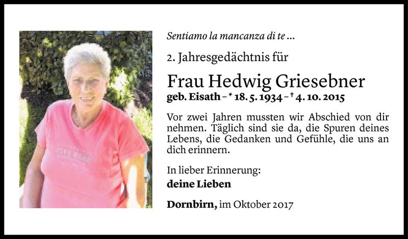  Todesanzeige für Hedwig Griesebner vom 03.10.2017 aus Vorarlberger Nachrichten