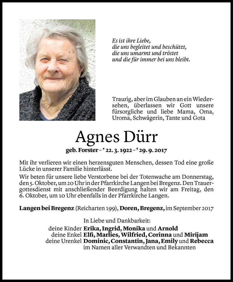  Todesanzeige für Agnes Dürr vom 03.10.2017 aus Vorarlberger Nachrichten