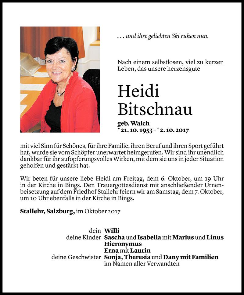  Todesanzeige für Heidi Bitschnau vom 04.10.2017 aus Vorarlberger Nachrichten