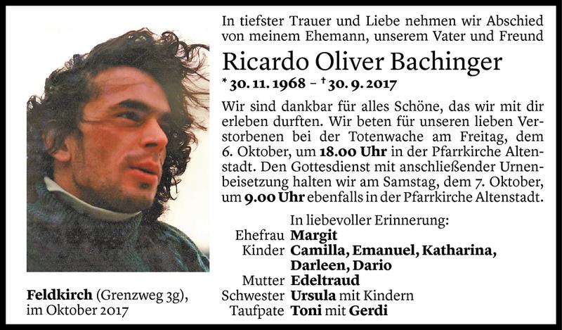  Todesanzeige für Ricardo Oliver Bachinger vom 05.10.2017 aus Vorarlberger Nachrichten