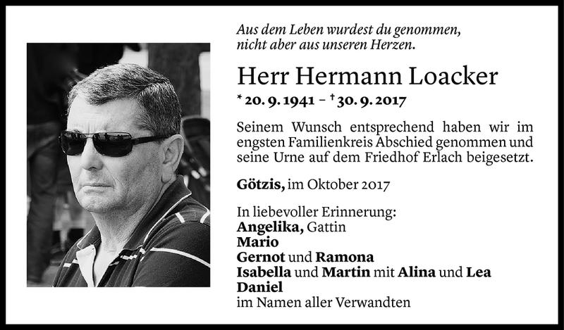  Todesanzeige für Hermann Loacker vom 06.10.2017 aus Vorarlberger Nachrichten