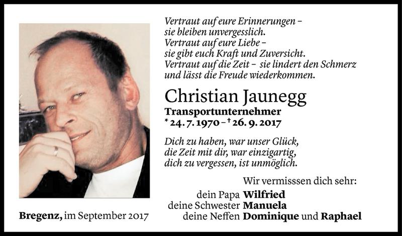  Todesanzeige für Christian Jaunegg vom 05.10.2017 aus Vorarlberger Nachrichten