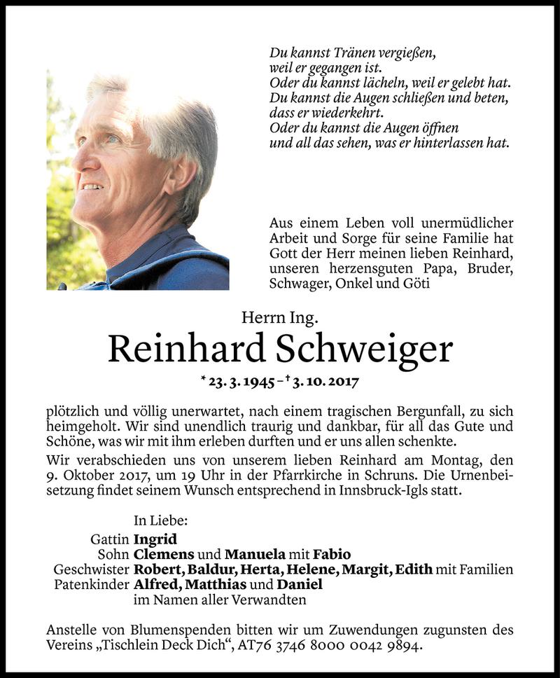  Todesanzeige für Reinhard Schweiger vom 06.10.2017 aus Vorarlberger Nachrichten