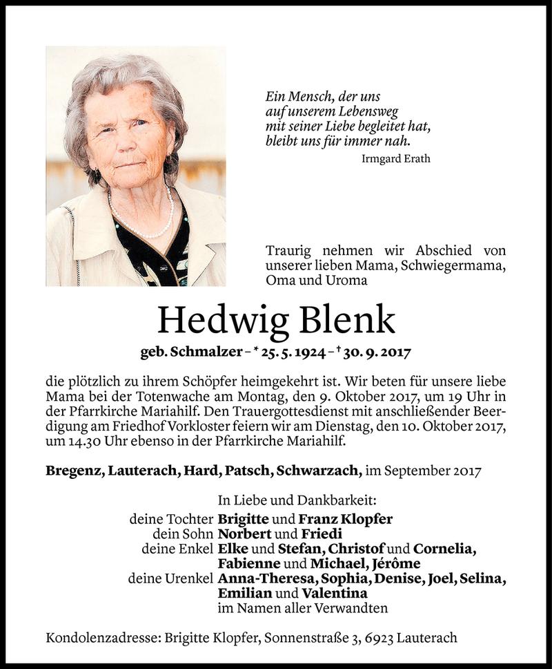  Todesanzeige für Hedwig Blenk vom 06.10.2017 aus Vorarlberger Nachrichten