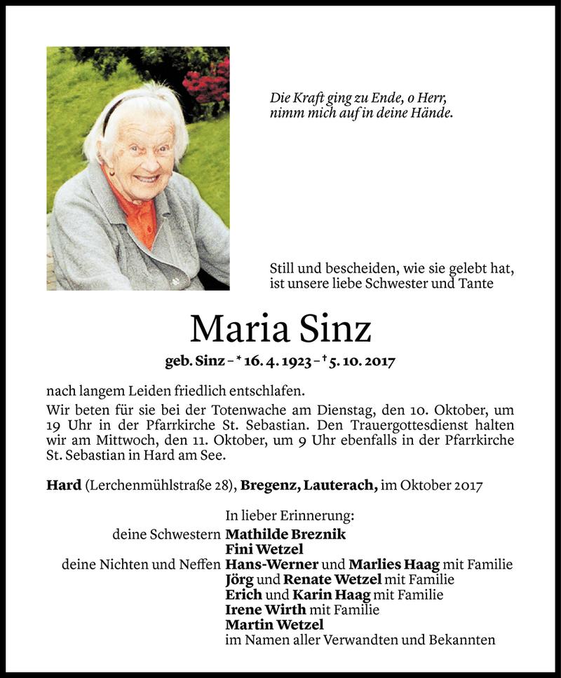  Todesanzeige für Maria Sinz vom 06.10.2017 aus Vorarlberger Nachrichten