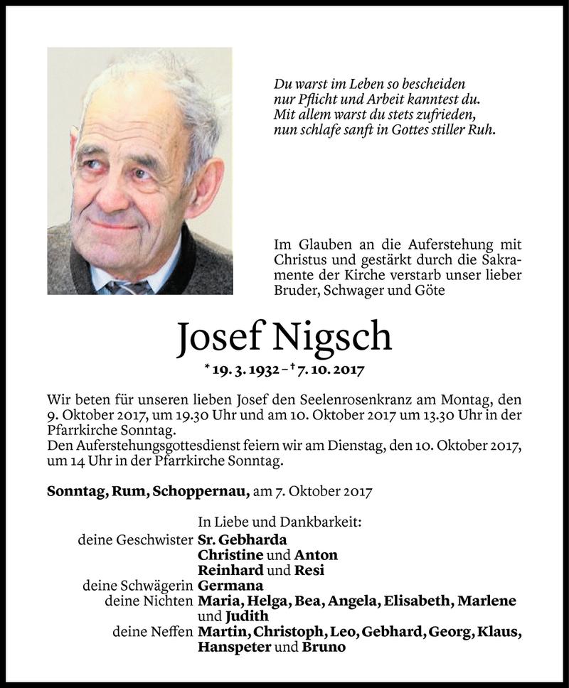  Todesanzeige für Josef Nigsch vom 08.10.2017 aus Vorarlberger Nachrichten