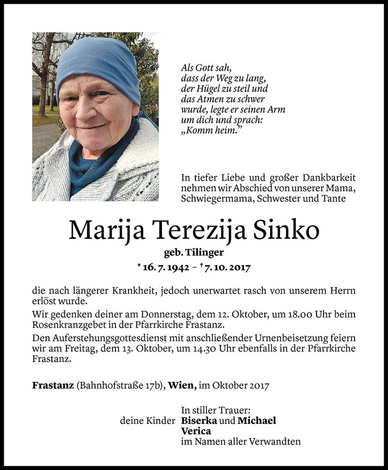  Todesanzeige für Marija Terezija Sinko vom 10.10.2017 aus Vorarlberger Nachrichten