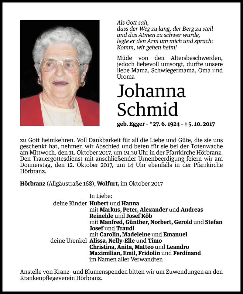  Todesanzeige für Johanna Schmid vom 09.10.2017 aus Vorarlberger Nachrichten