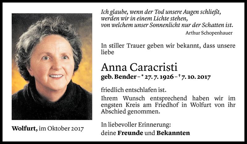  Todesanzeige für Anna Caracristi vom 14.10.2017 aus Vorarlberger Nachrichten