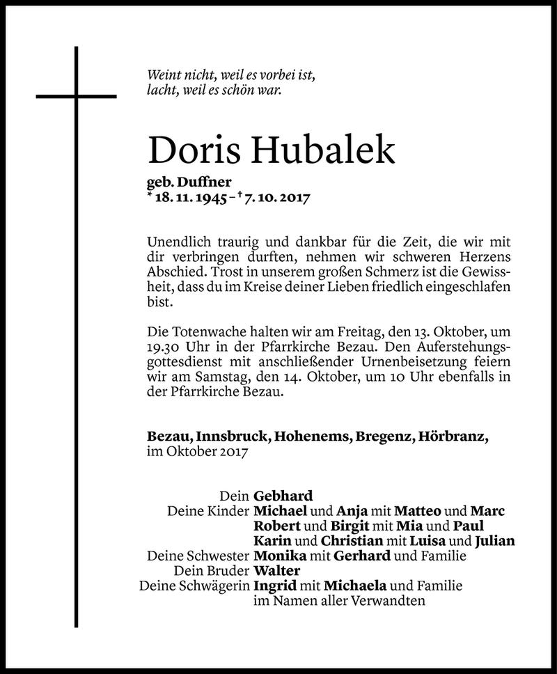  Todesanzeige für Doris Hubalek vom 12.10.2017 aus Vorarlberger Nachrichten