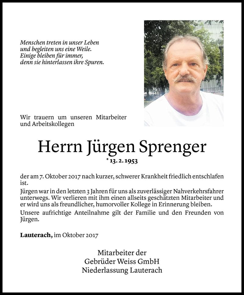  Todesanzeige für Jürgen Sprenger vom 10.10.2017 aus Vorarlberger Nachrichten
