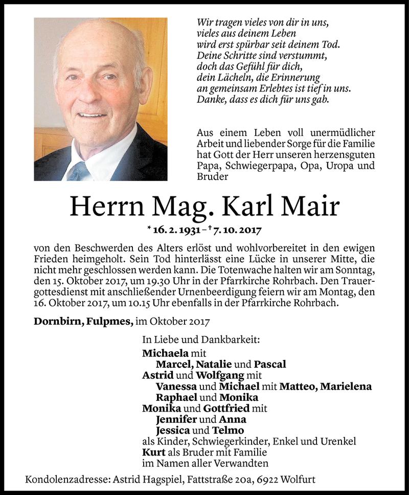  Todesanzeige für Karl Mair vom 13.10.2017 aus Vorarlberger Nachrichten