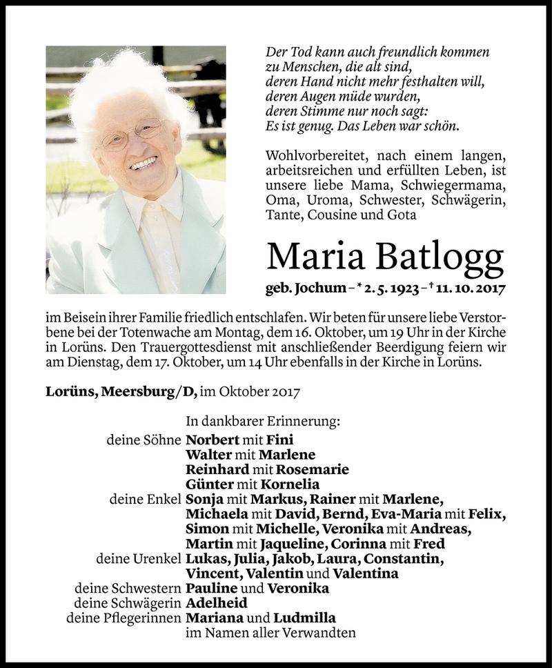  Todesanzeige für Maria Batlogg vom 14.10.2017 aus Vorarlberger Nachrichten