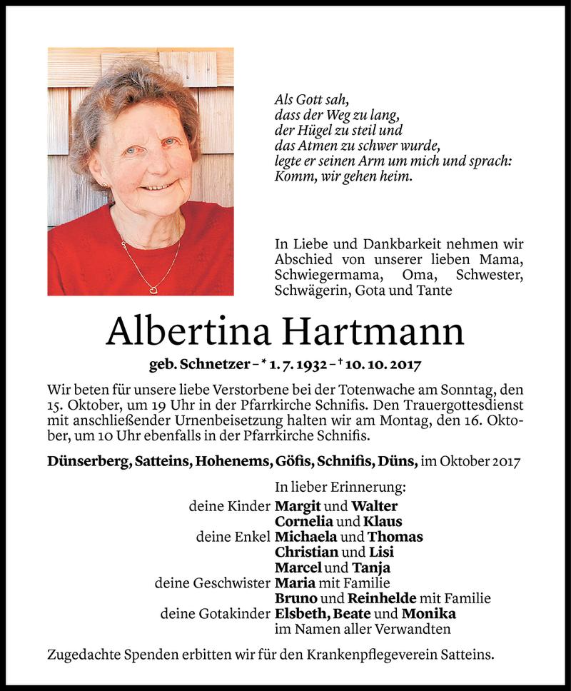 Todesanzeige für Albertina Hartmann vom 13.10.2017 aus Vorarlberger Nachrichten