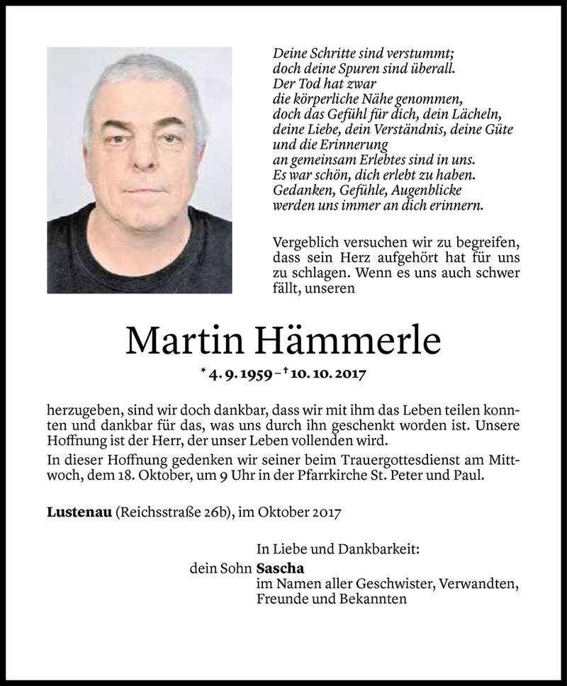  Todesanzeige für Martin Hämmerle vom 15.10.2017 aus Vorarlberger Nachrichten