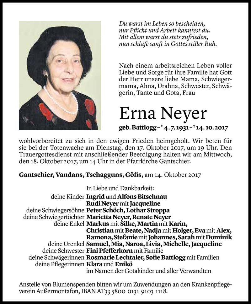  Todesanzeige für Erna Neyer vom 15.10.2017 aus Vorarlberger Nachrichten