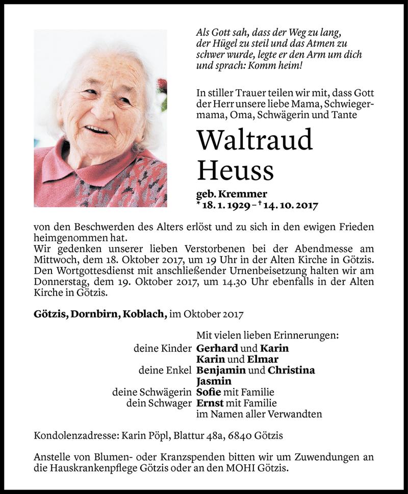  Todesanzeige für Waltraud Heuss vom 16.10.2017 aus Vorarlberger Nachrichten
