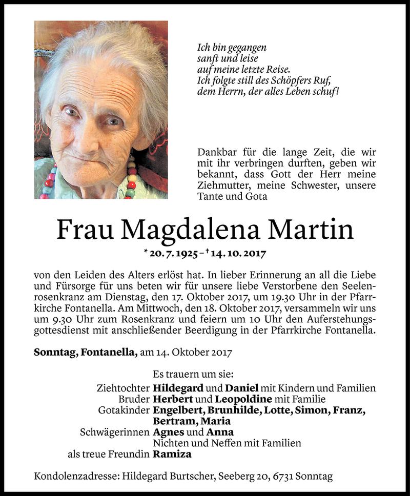  Todesanzeige für Magdalena Martin vom 16.10.2017 aus Vorarlberger Nachrichten