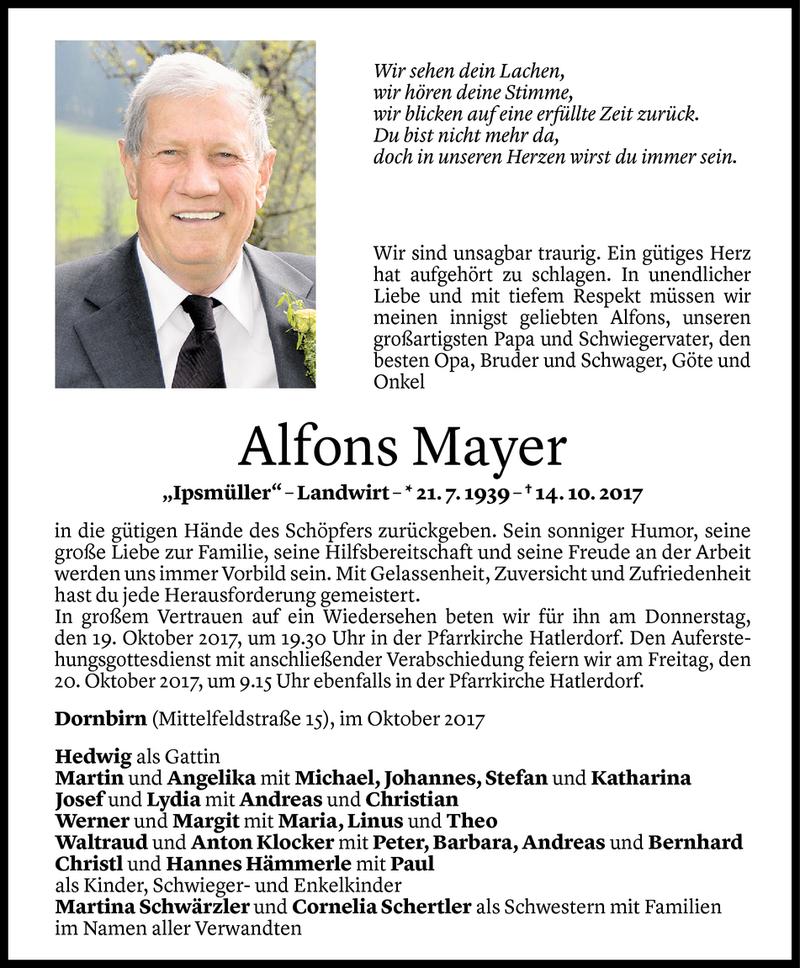  Todesanzeige für Alfons Mayer vom 16.10.2017 aus Vorarlberger Nachrichten