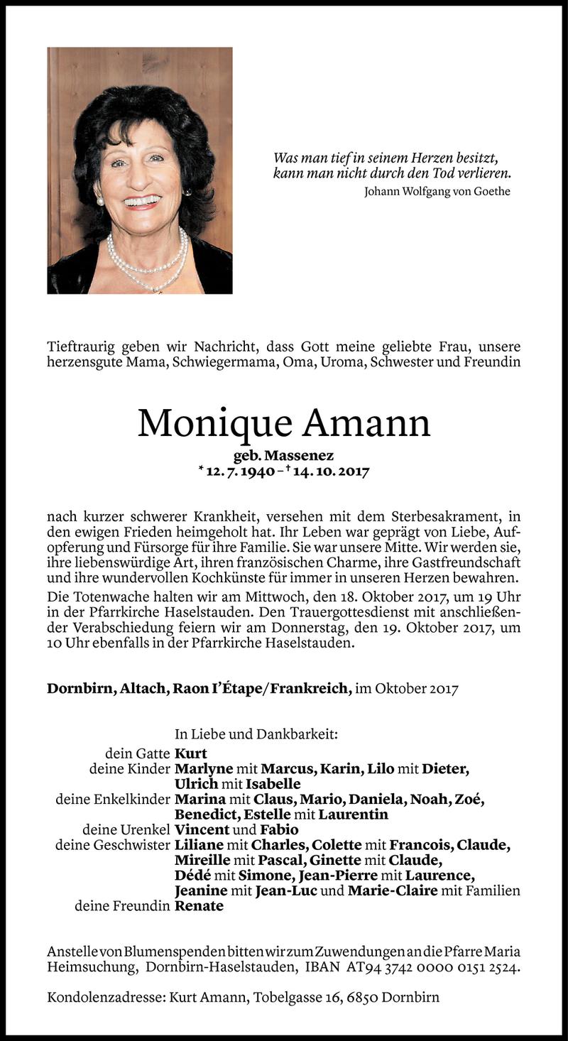 Todesanzeige für Monique Amann vom 16.10.2017 aus Vorarlberger Nachrichten