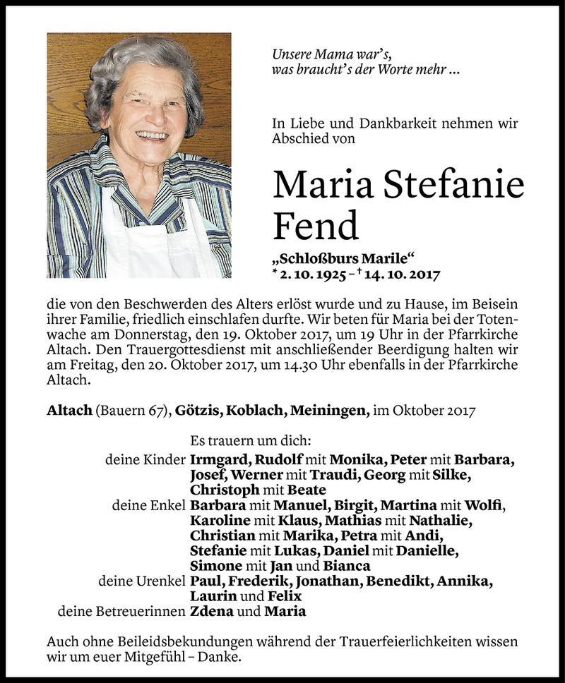  Todesanzeige für Maria Stefanie Fend vom 17.10.2017 aus Vorarlberger Nachrichten
