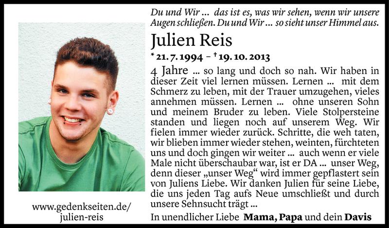  Todesanzeige für Julien Reis vom 19.10.2017 aus Vorarlberger Nachrichten