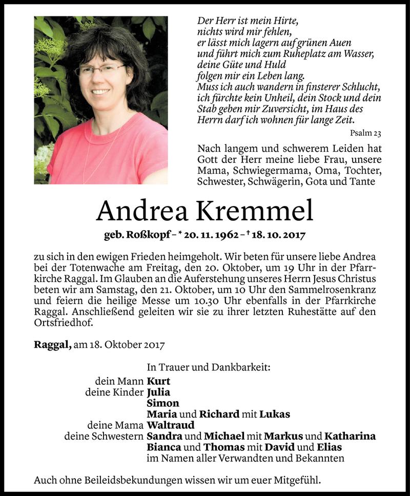  Todesanzeige für Andrea Kremmel vom 18.10.2017 aus Vorarlberger Nachrichten