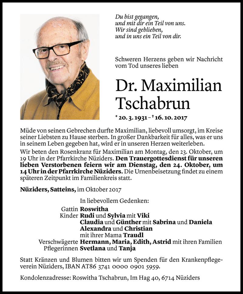  Todesanzeige für Maximilian Tschabrun vom 20.10.2017 aus Vorarlberger Nachrichten