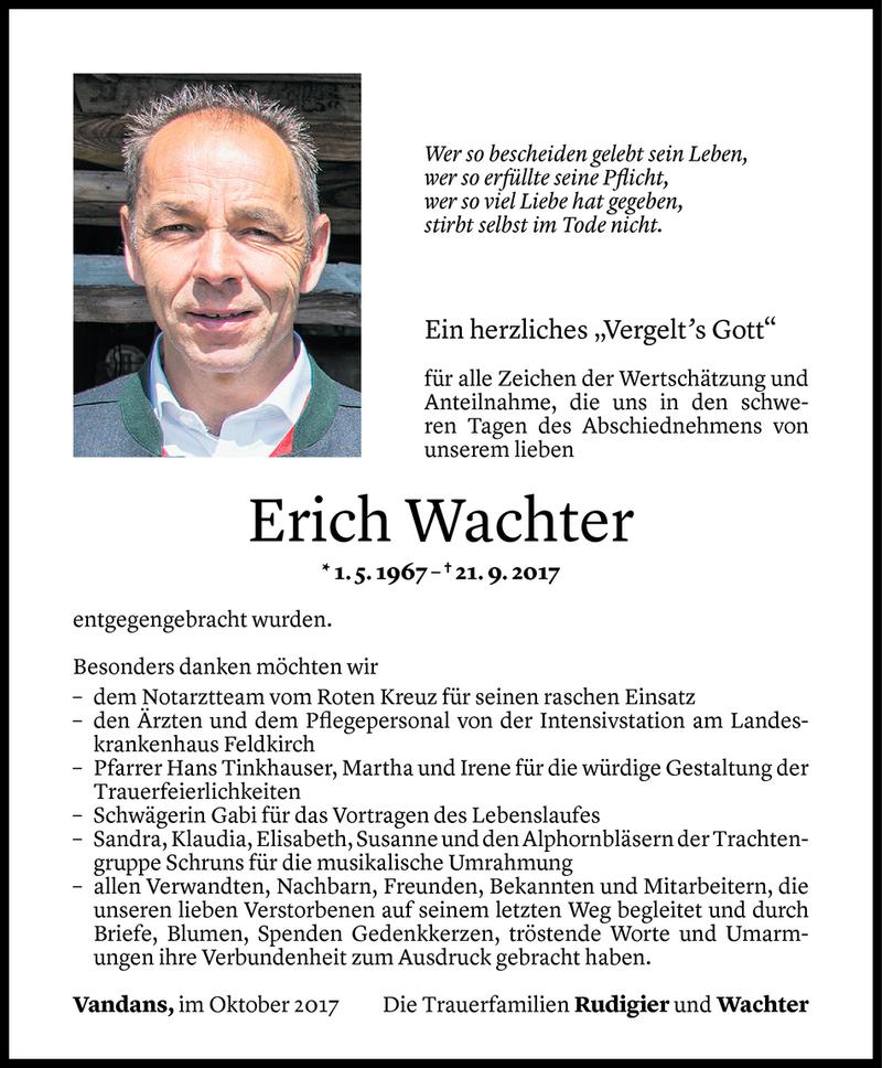  Todesanzeige für Erich Wachter vom 20.10.2017 aus Vorarlberger Nachrichten