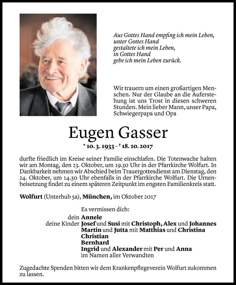  Todesanzeige für Eugen Gasser vom 20.10.2017 aus Vorarlberger Nachrichten