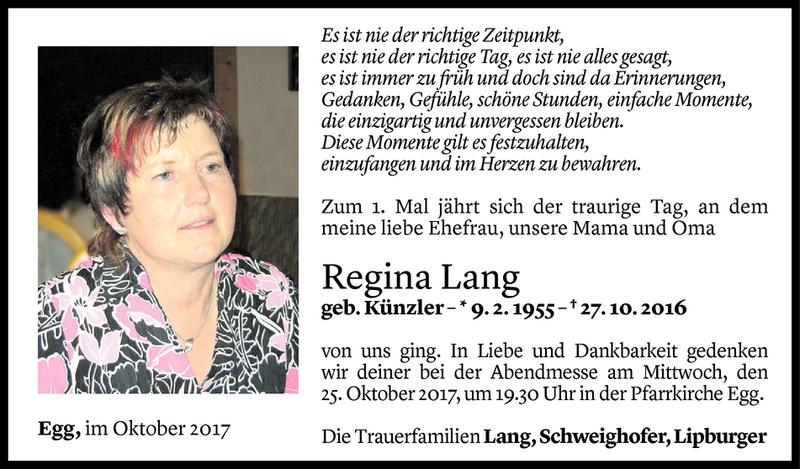  Todesanzeige für Regina Lang vom 24.10.2017 aus Vorarlberger Nachrichten