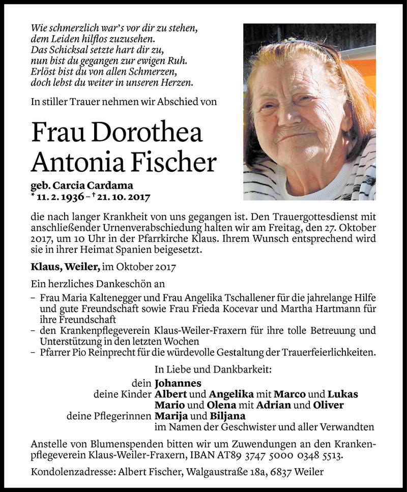  Todesanzeige für Dorothea Antonia Fischer vom 24.10.2017 aus Vorarlberger Nachrichten