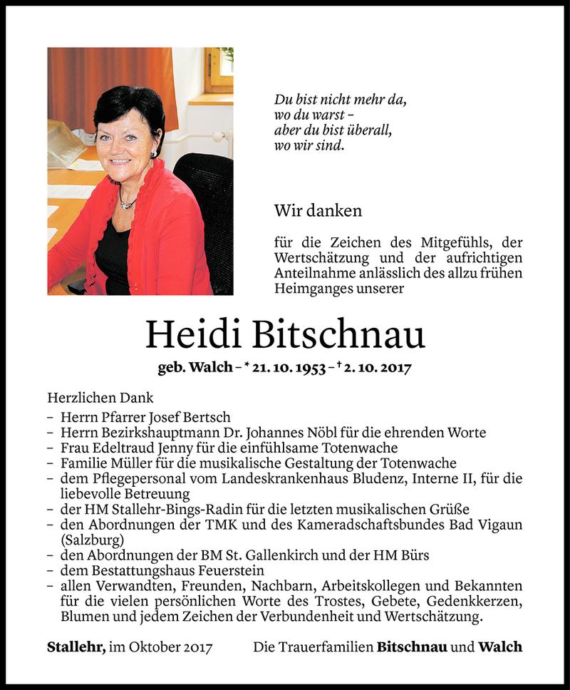  Todesanzeige für Heidi Bitschnau vom 28.10.2017 aus Vorarlberger Nachrichten