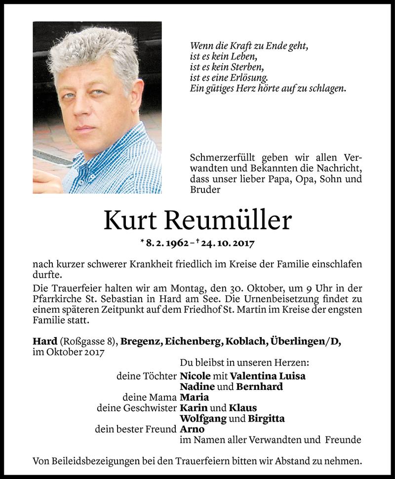  Todesanzeige für Kurt Reumüller vom 25.10.2017 aus Vorarlberger Nachrichten