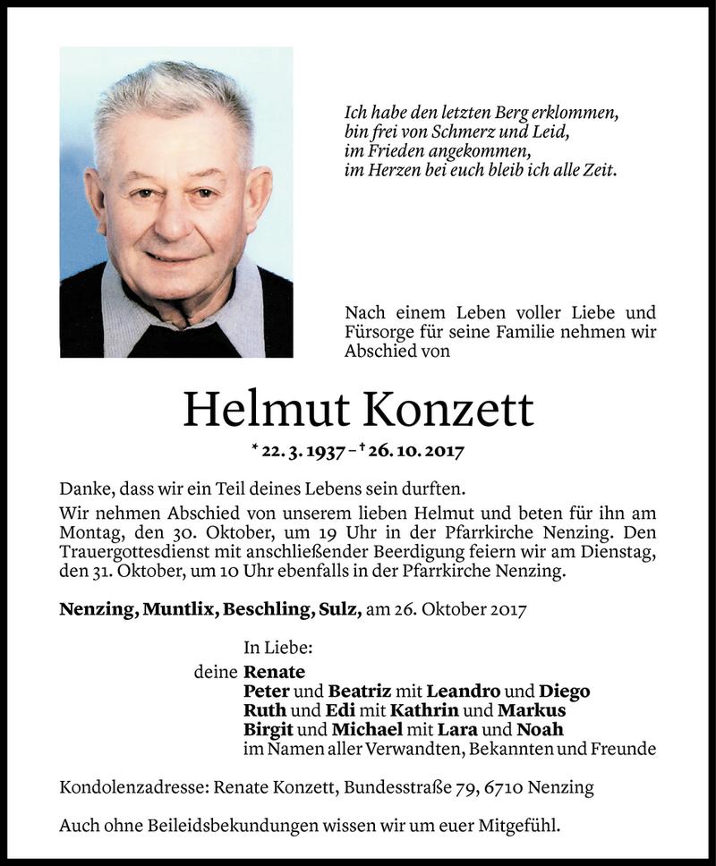  Todesanzeige für Helmut Konzett vom 27.10.2017 aus Vorarlberger Nachrichten