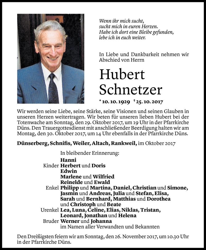  Todesanzeige für Hubert Schnetzer vom 27.10.2017 aus Vorarlberger Nachrichten