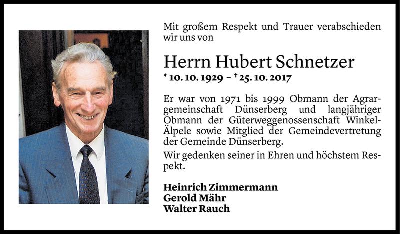  Todesanzeige für Hubert Schnetzer vom 27.10.2017 aus Vorarlberger Nachrichten