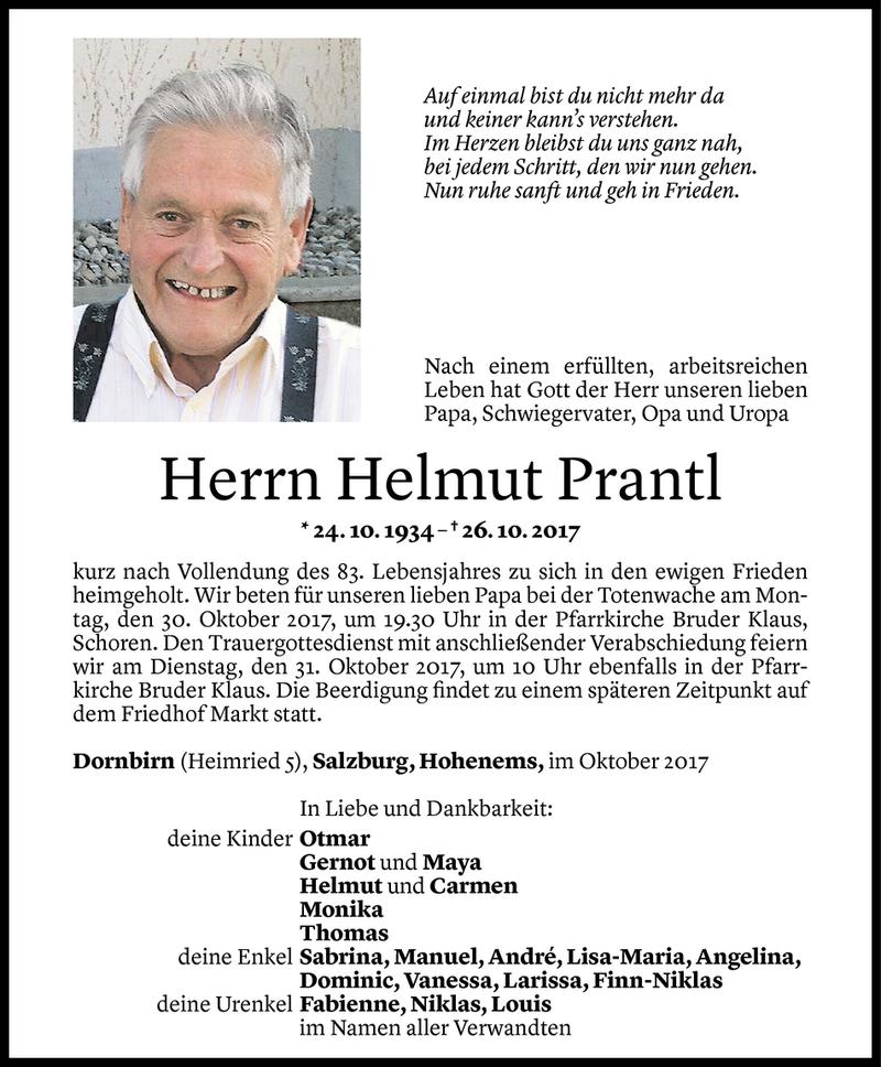  Todesanzeige für Helmut Prantl vom 27.10.2017 aus Vorarlberger Nachrichten