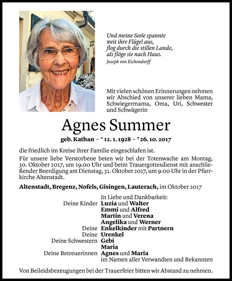  Todesanzeige für Agnes Summer vom 28.10.2017 aus Vorarlberger Nachrichten