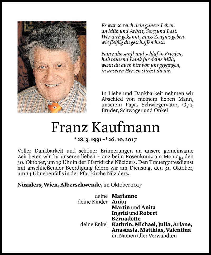  Todesanzeige für Franz Kaufmann vom 28.10.2017 aus Vorarlberger Nachrichten