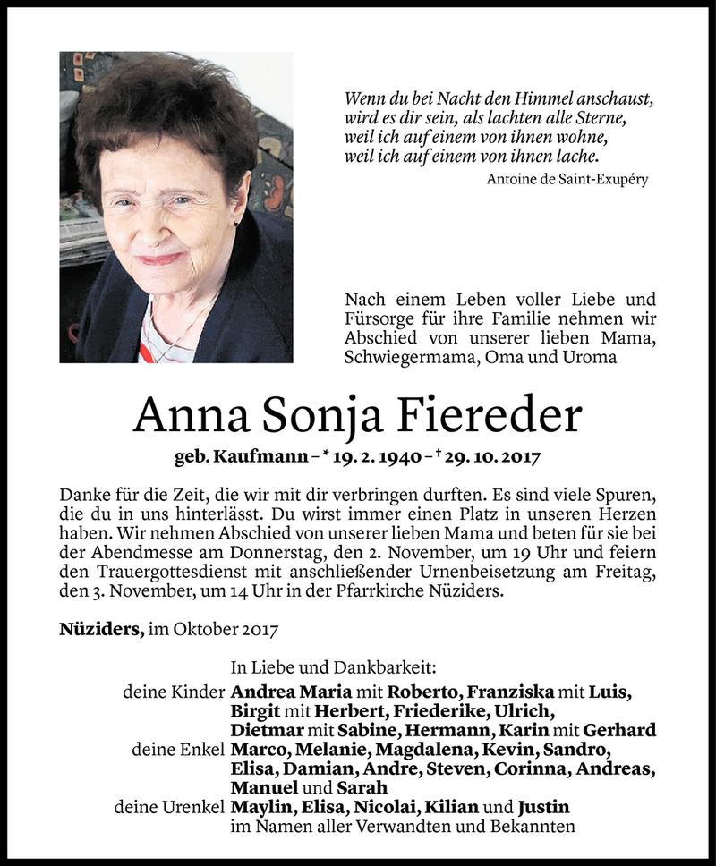  Todesanzeige für Anna Sonja Fiereder vom 01.11.2017 aus Vorarlberger Nachrichten