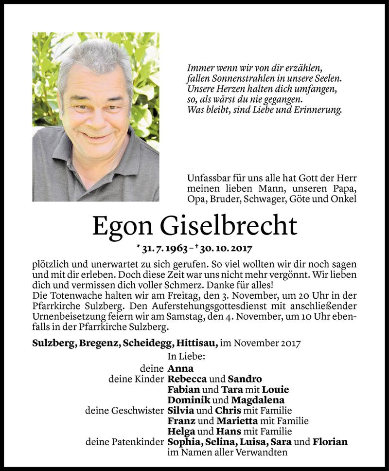  Todesanzeige für Egon Giselbrecht vom 02.11.2017 aus Vorarlberger Nachrichten